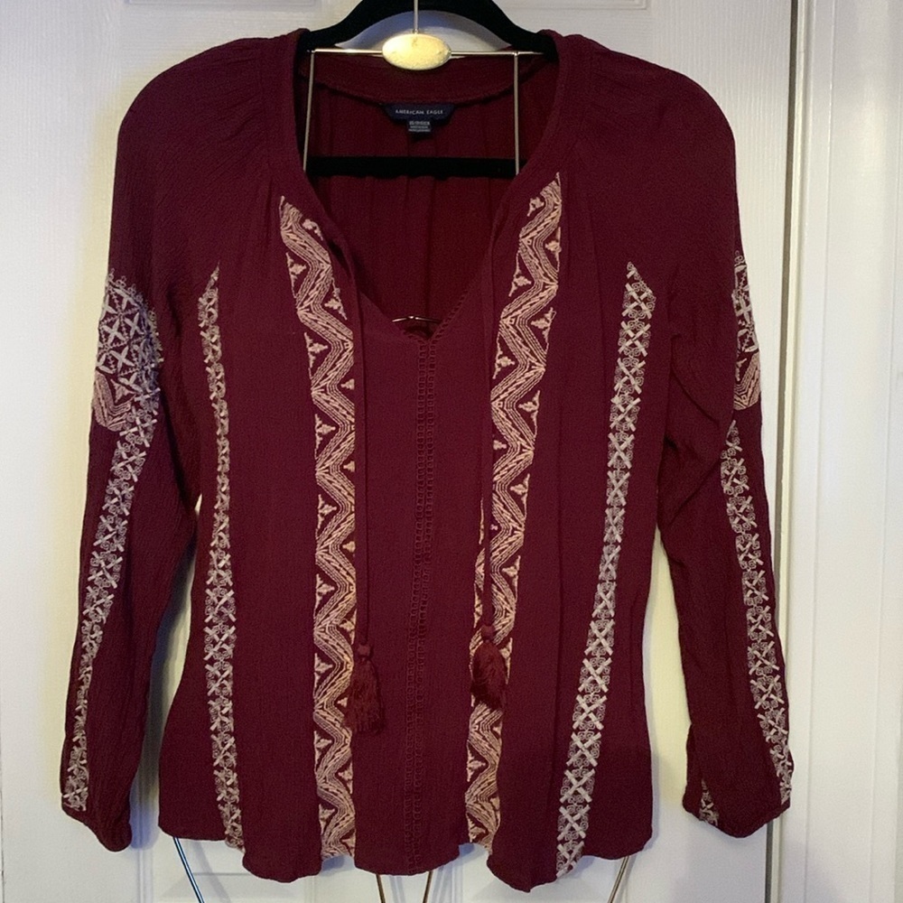 NWOT American Eagle Maroon Peasant Style Blouse Size XS  #046